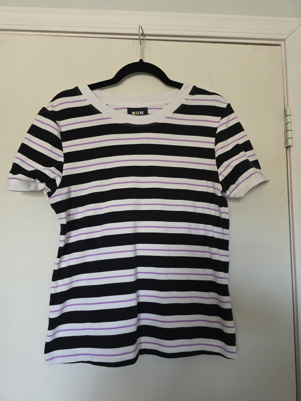 Maeve Black & White Striped Tee with Lavender Accents